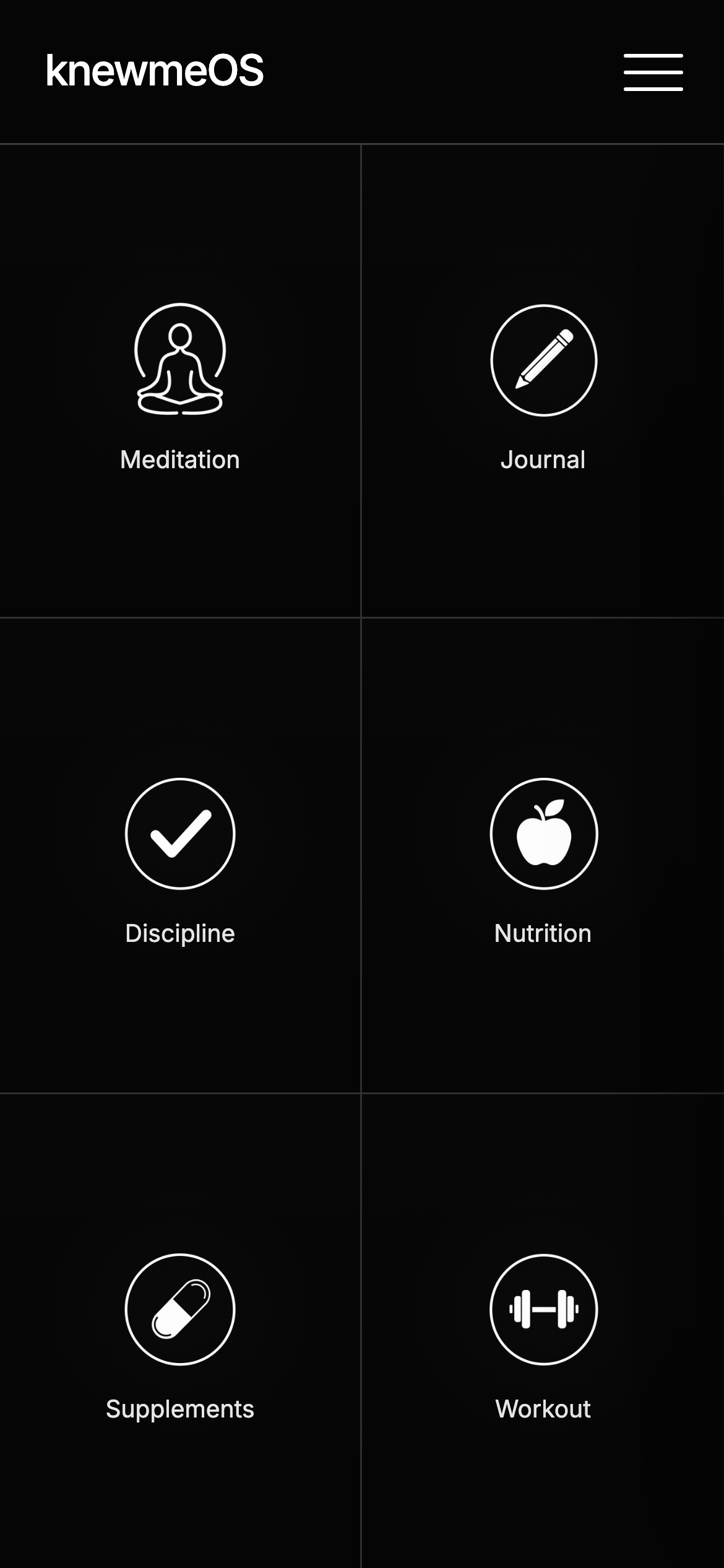 knewmeOS dashboard with tiles for meditation, journal, discipline, nutrition, supplements, and workout
